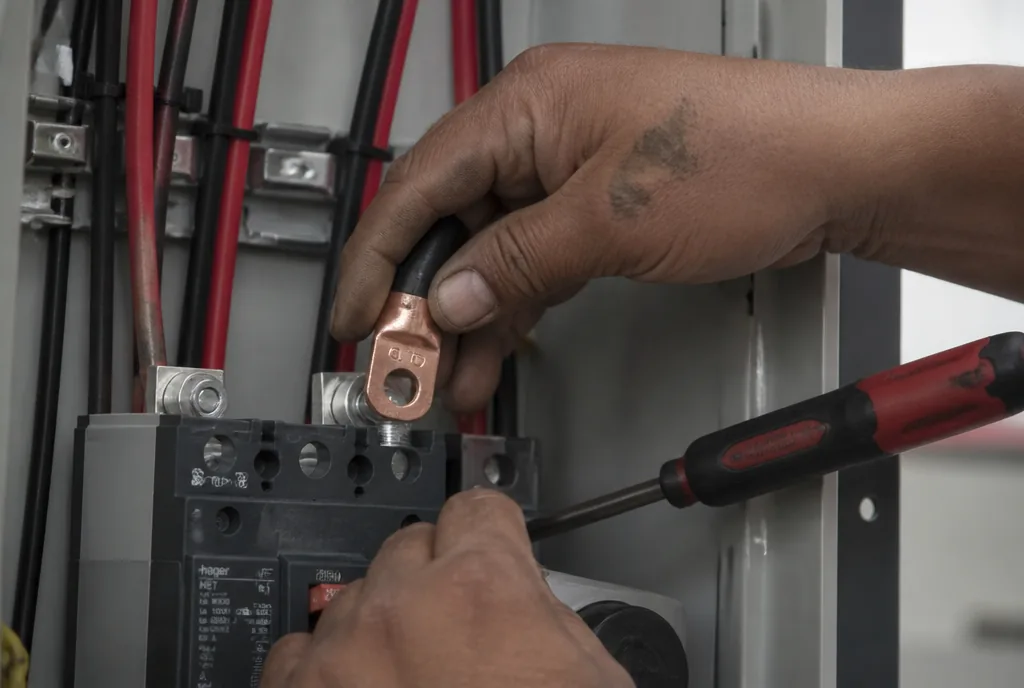 An installer wiring a breaker panel during a solar commissioning
