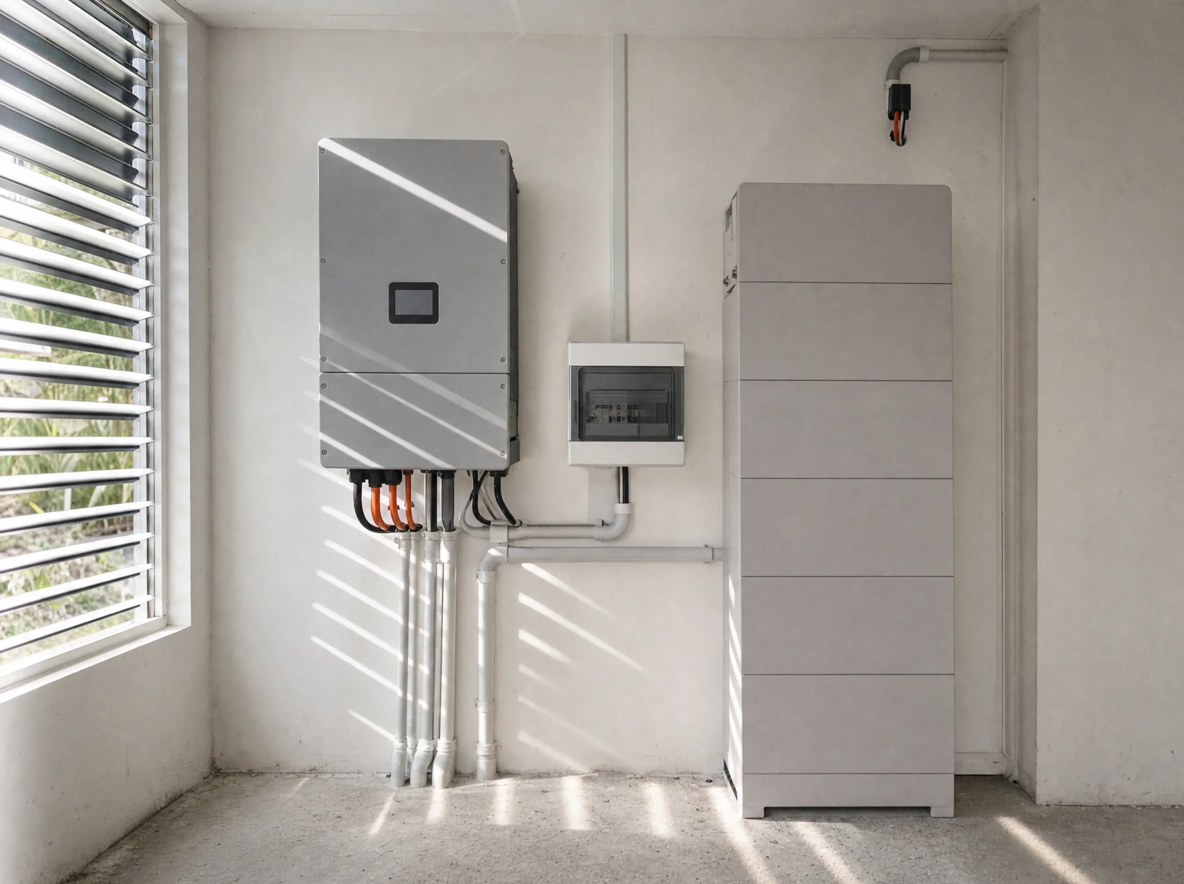 Battery and inverter installation with cable runs dressed square