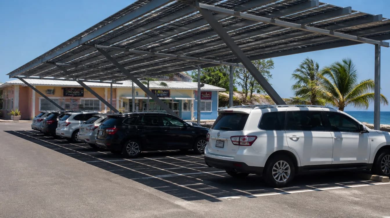 Solar carport over a commercial parking area in the Virgin Islands