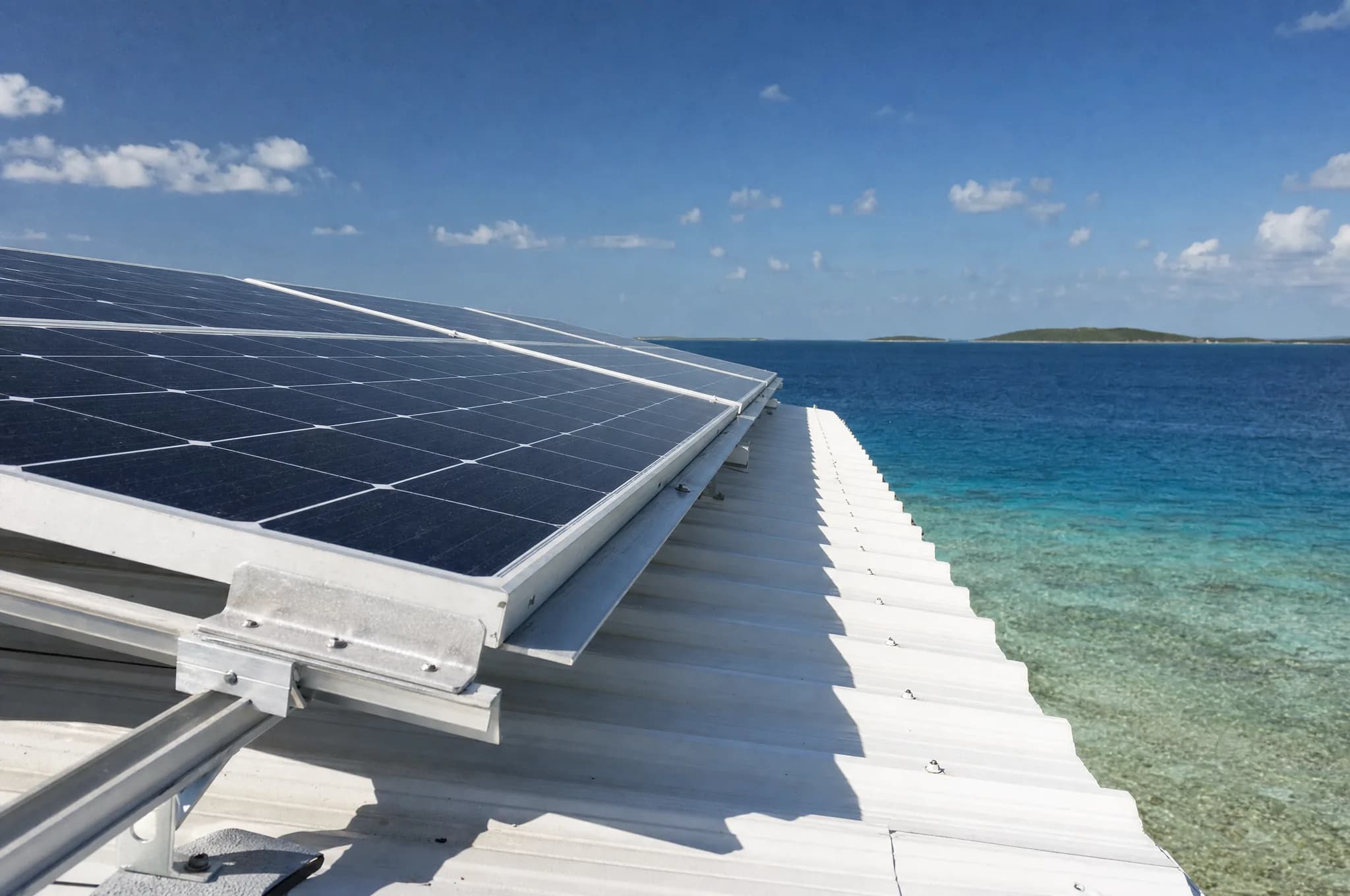 Solar array on a white Caribbean roof overlooking turquoise water